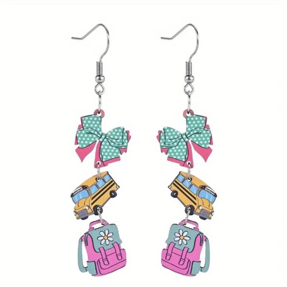 (5/$25‎ SALE ✅) 2D Theme Wooden Ear Art School Bus Backpack Dangle Drop Earrings - Picture 5 of 6